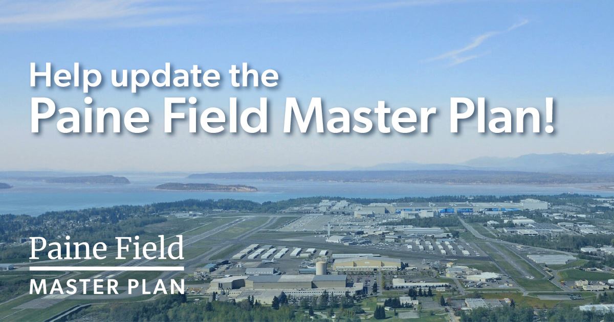 Aerial image of Paine Field looking north with words 