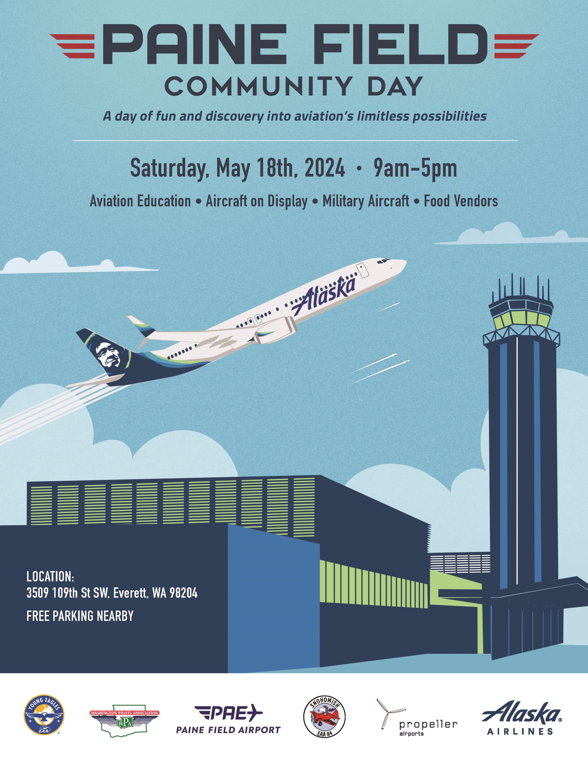 Poster for Paine Field Community Day on May 18, 2024