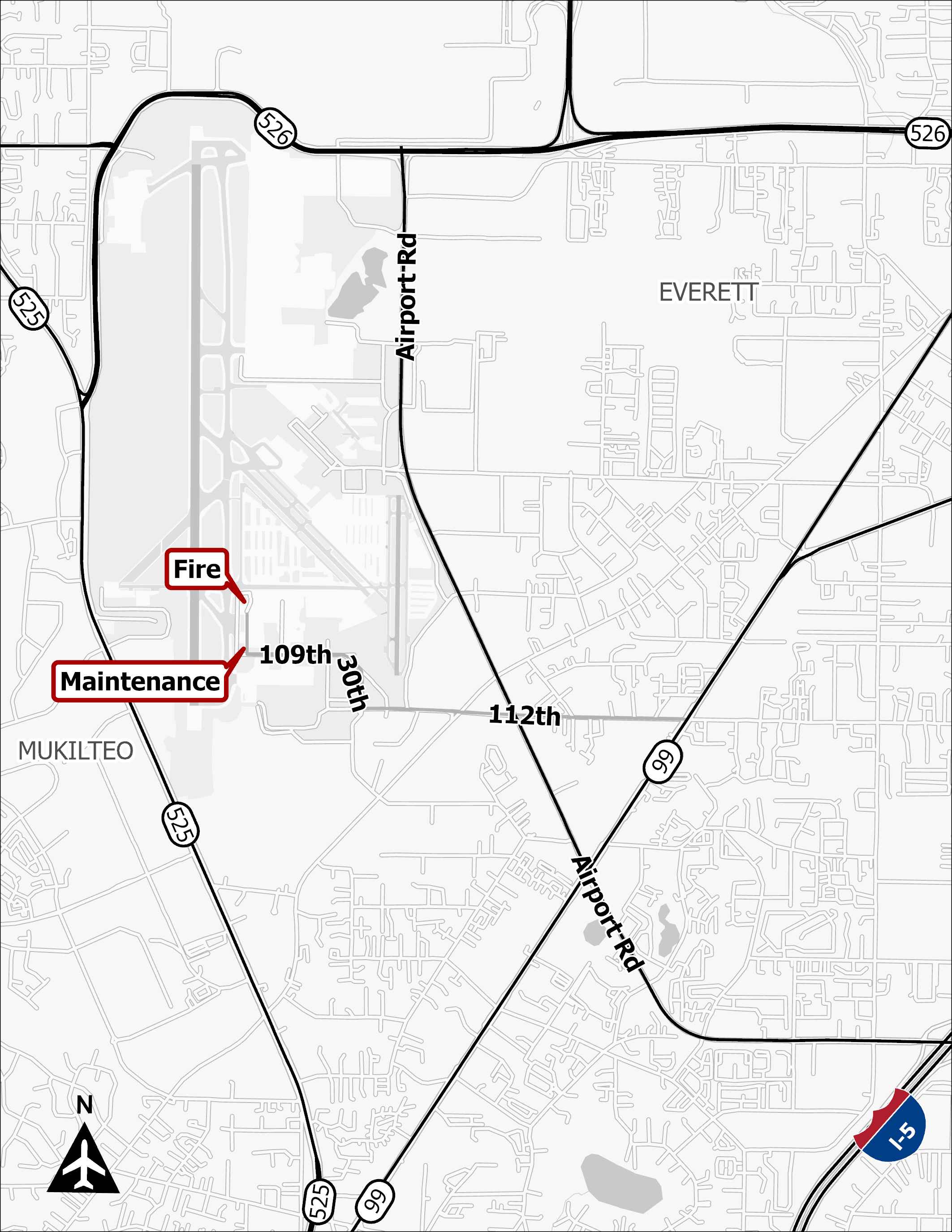 Map highlighting the locations of Paine Field Fire and Maintenance offices
