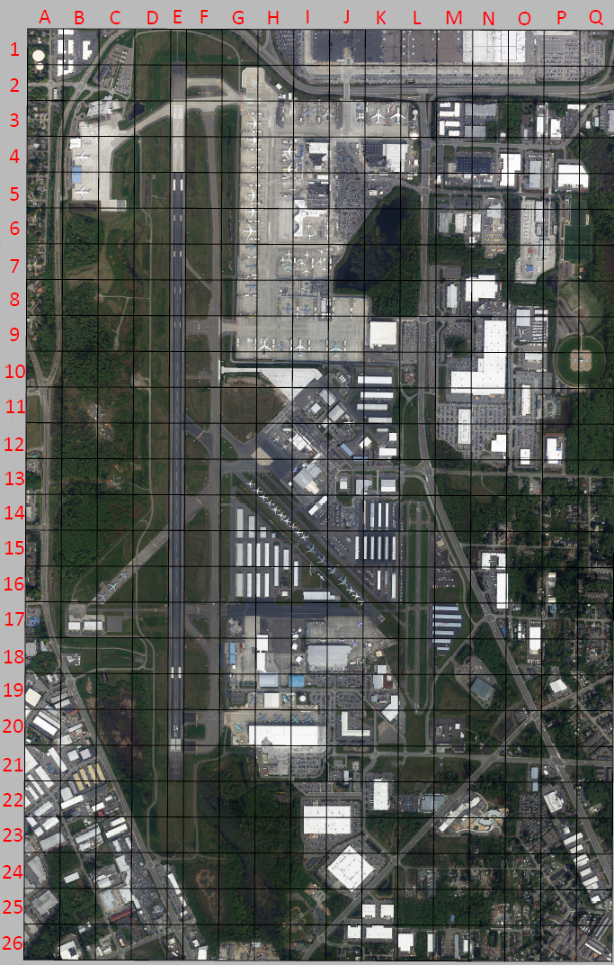 Aerial view of Paine Field with an alphanumerical grid superimposed to better identify locations