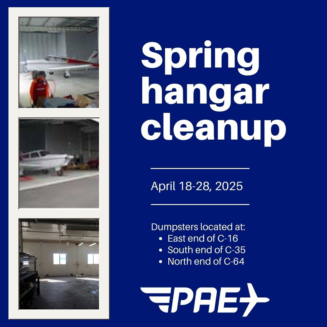 Advertisement announcing hangar clean-up April 18-28 with dumpster locations