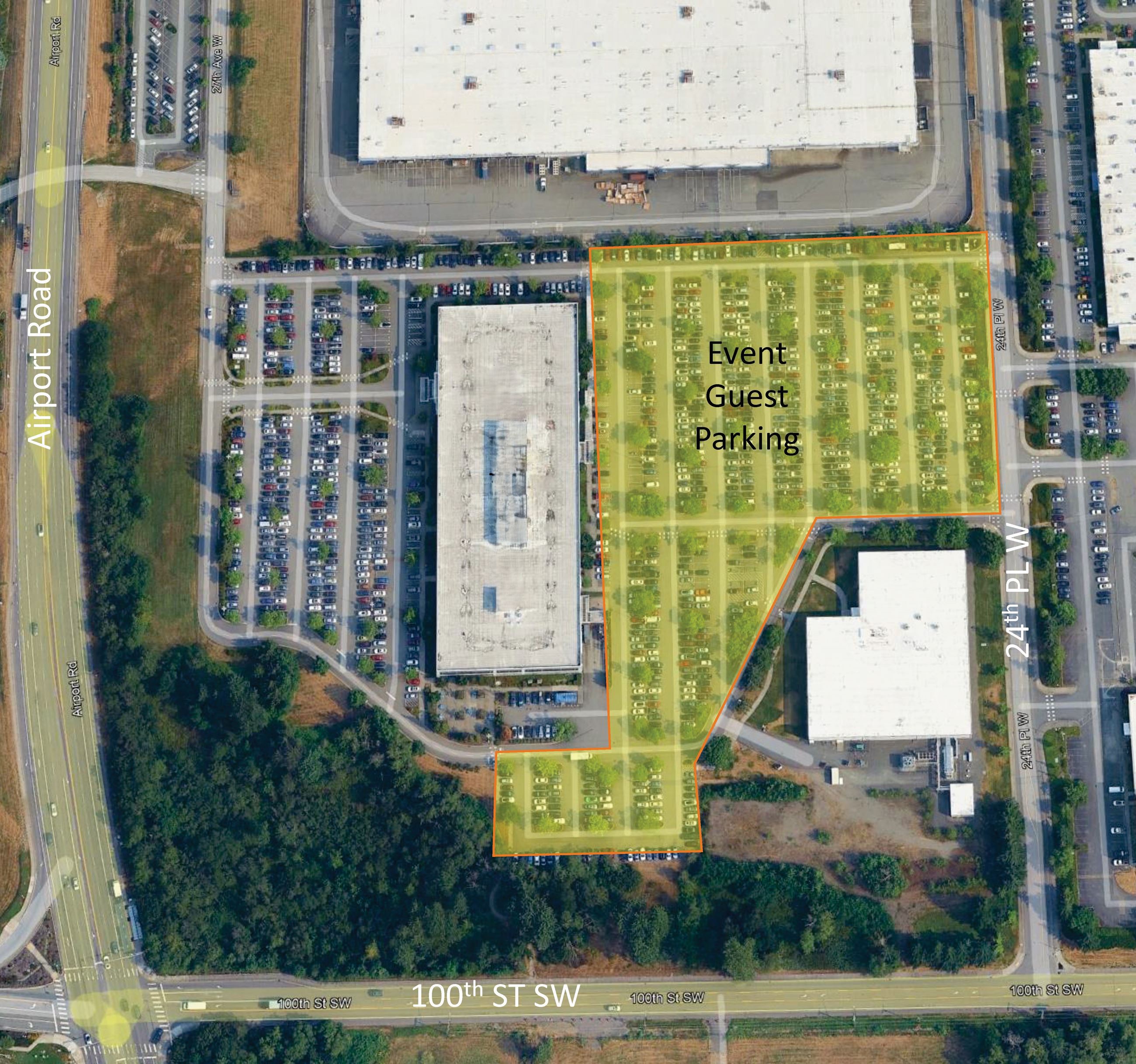 Aerial view of the site designated for Guest Parking at 2026 Paine Field Community Day